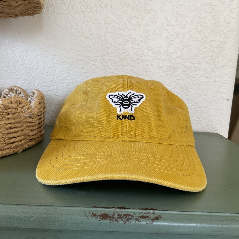 Bee Kind Hat Cap Strap Back Yellow Womens Embroidered Bee Slogan Dad Cap Cotton